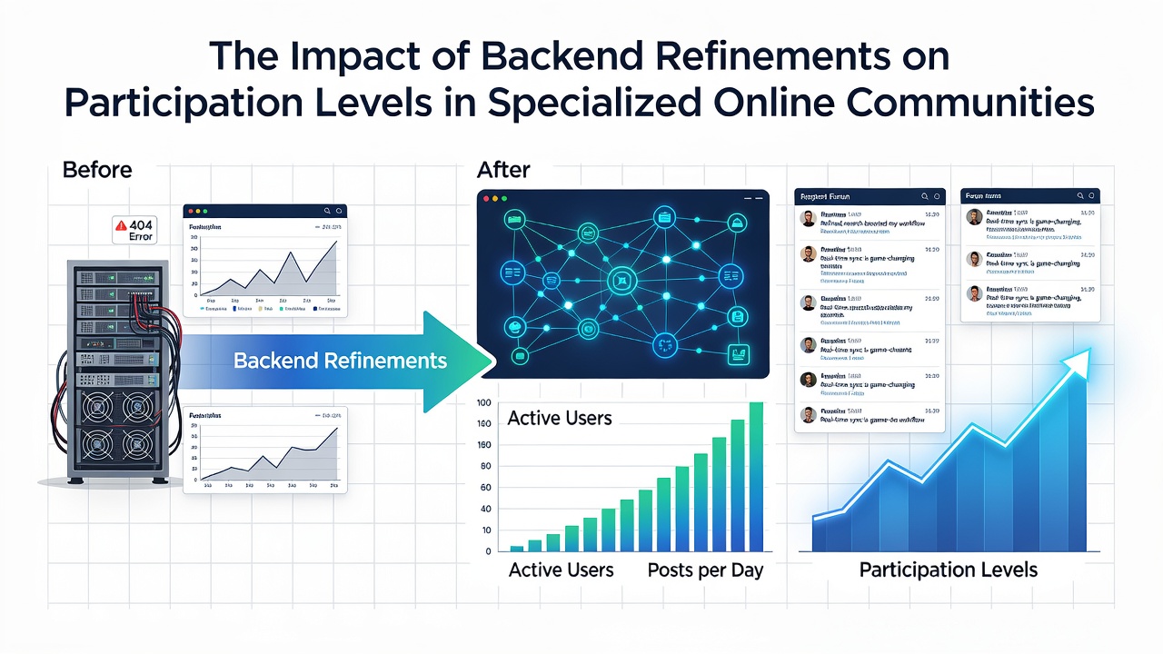 Analytics dashboard displaying participation trends and engagement metrics from specialized online forums after backend updates